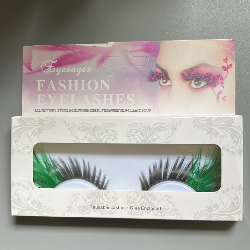 Green Feather Faux Eyelashes Fairy Inspired